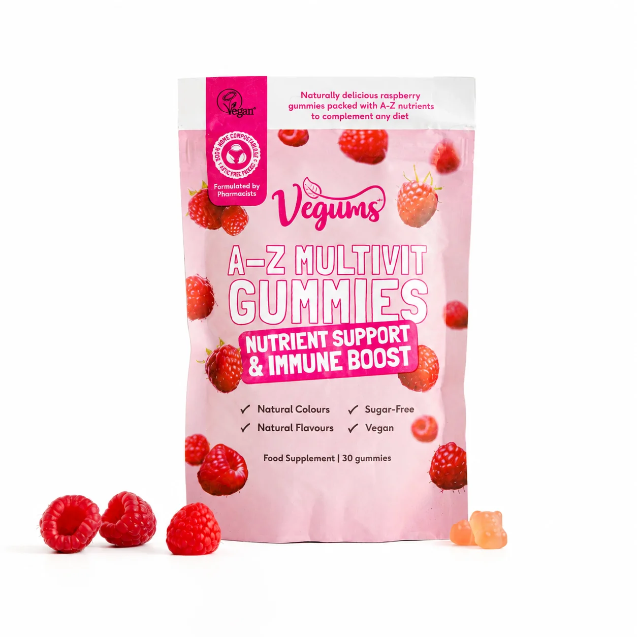 Vegums A-Z Žuvací multivitamín bez cukru (malina), 30 gumených bonbónov
