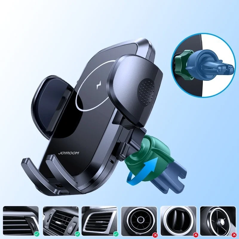 Joyroom Wireless Vent držiak na mobil do auta, Qi nabíjačka 15W, čiern y
