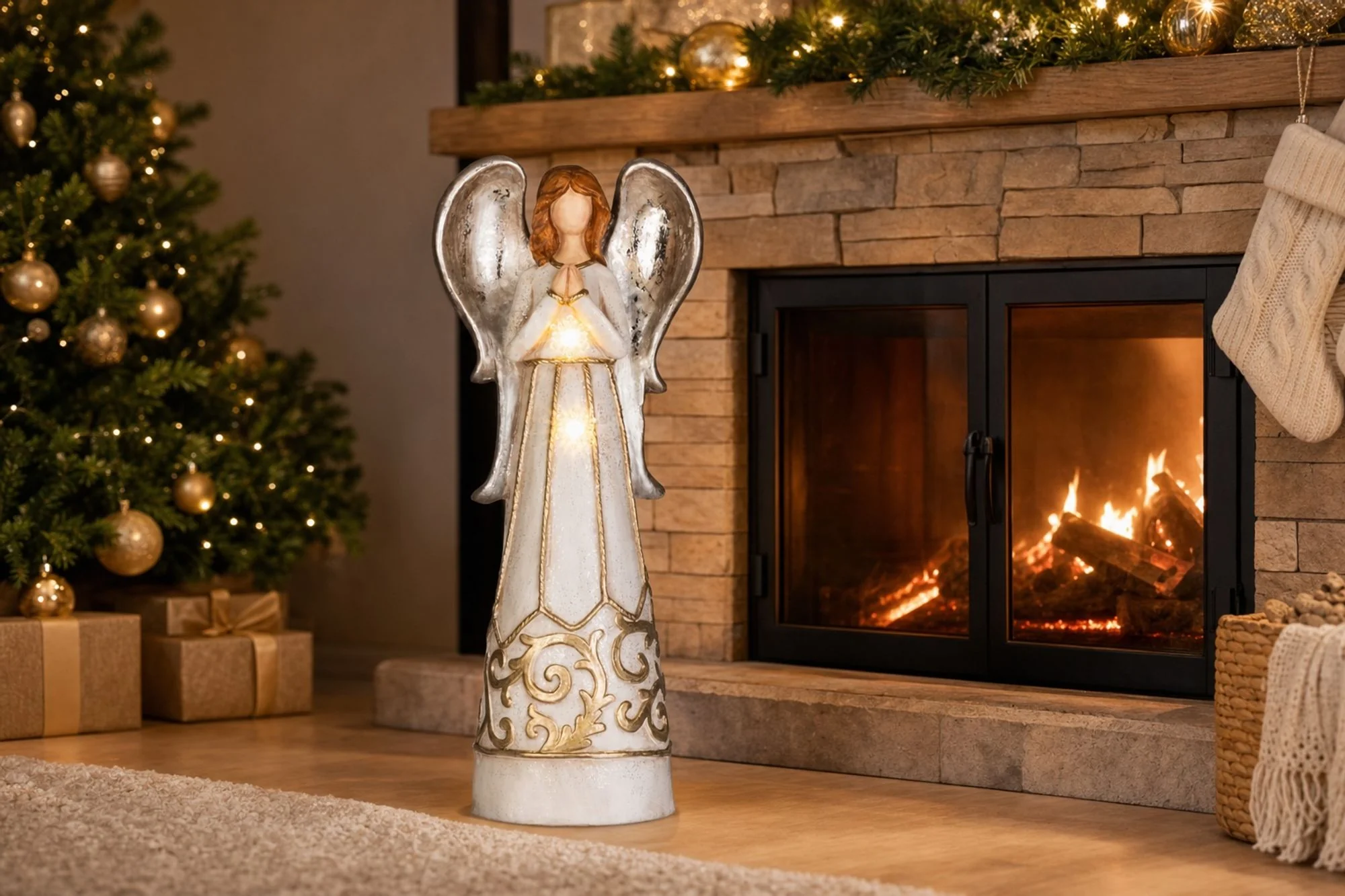 MagicHome vianočný LED anjel, 1 ks 2 LED teplá biela, 3xAA, 27,5x19x67 cm