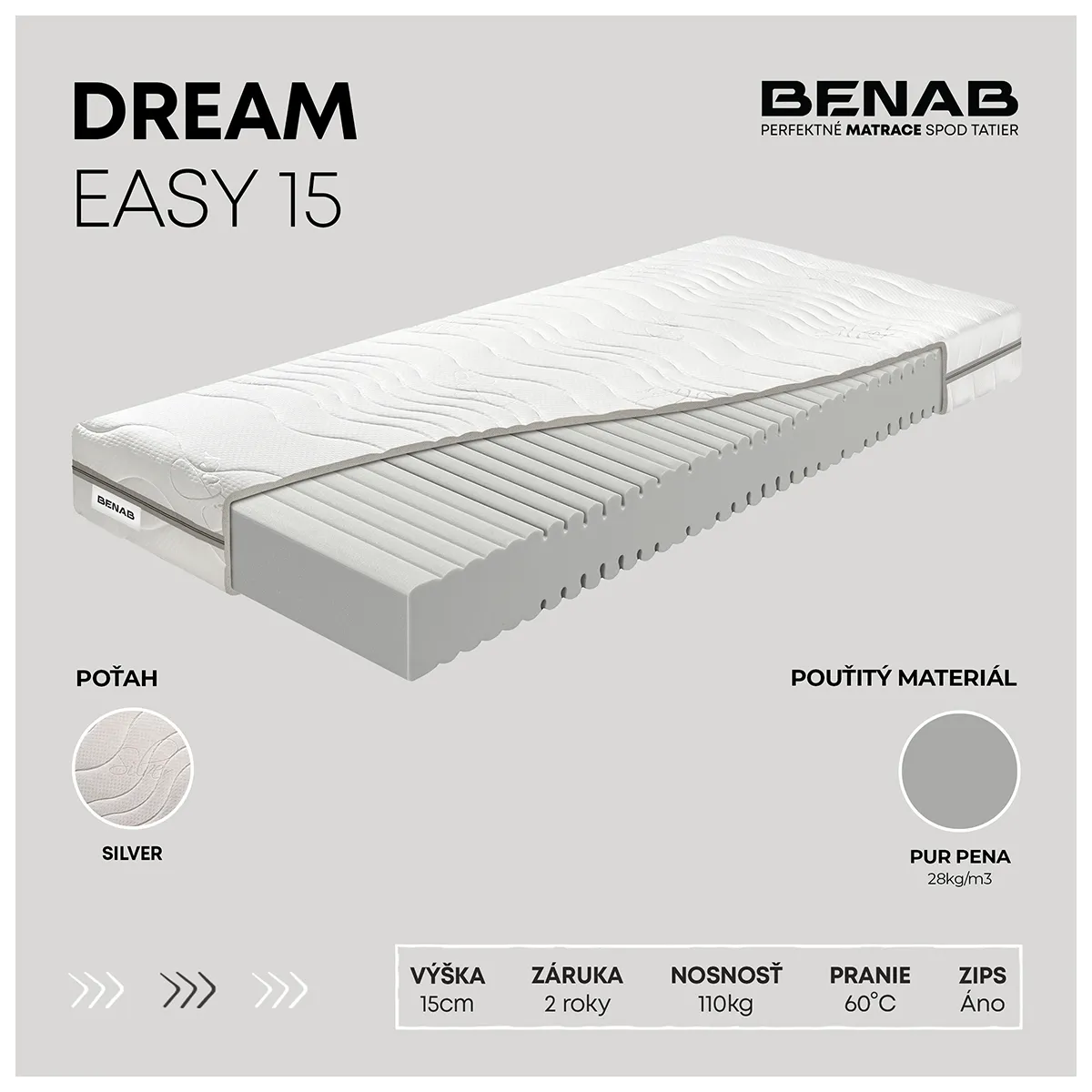 Matrac Benab Dream Easy 15 H3 70 x 195 cm Penový matrac 15 cm sendvičový zónová ortopedické