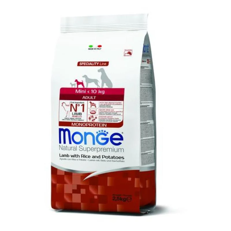 MONGE Natural Superpremium Mini Adult 2,5kg monoproteínové krmivo jahňa/ryža/zemiaky pre dospelých psov malých plemien