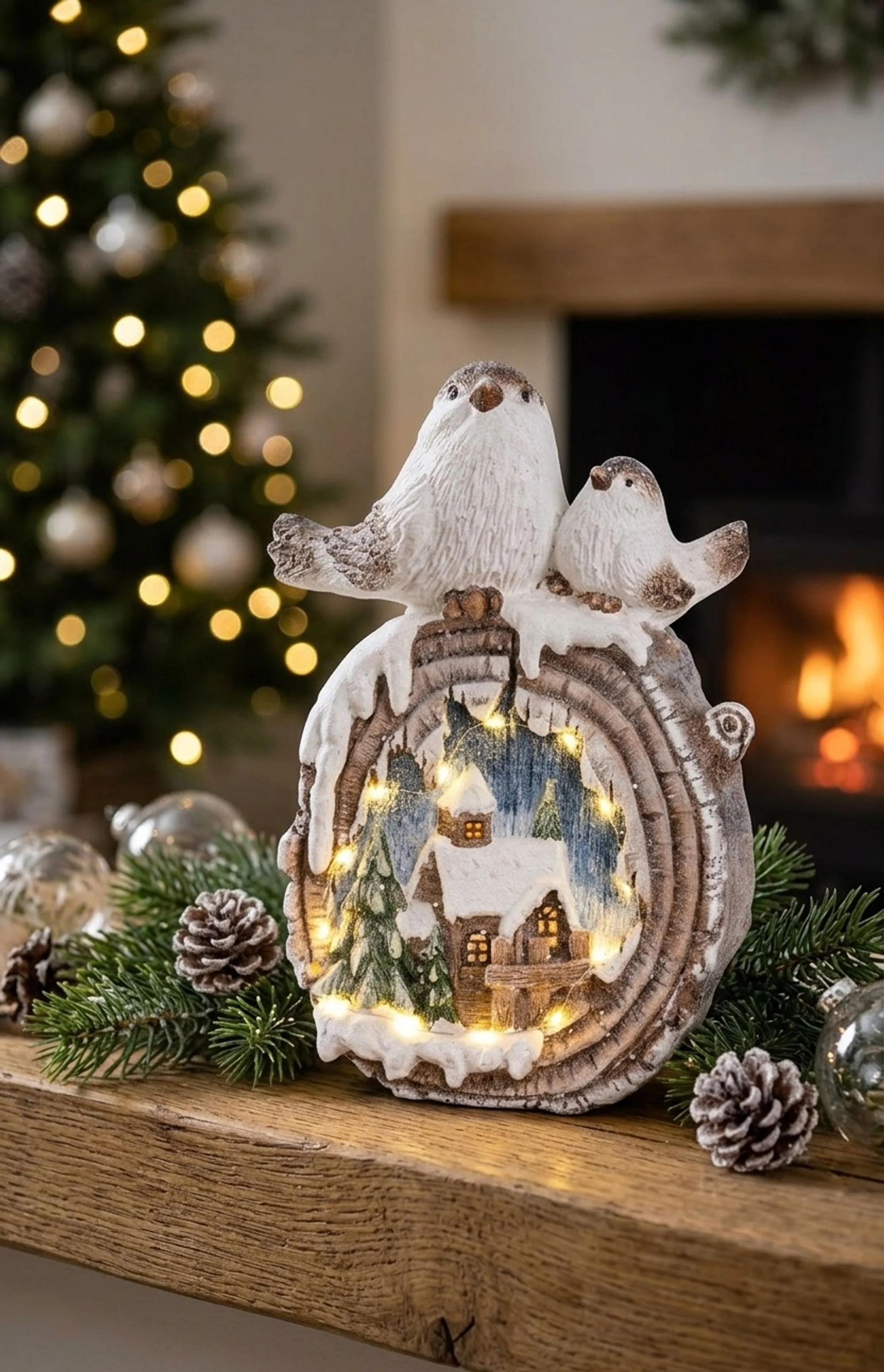 MagicHome vianočné LED vtáčiky s domčekmi, 1 ks Keramika, 3xAAA, 33,3x16,5x47 cm, 9 LED