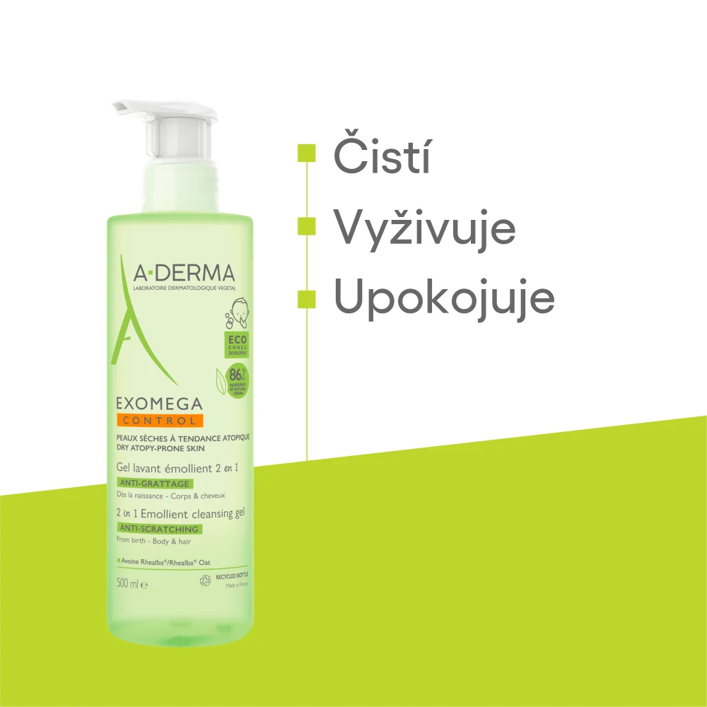 A-DERMA EXOMEGA CONTROL GEL LAVANT ÉMOLLIENT 2EN1 1×500 ml, umývací detský gél