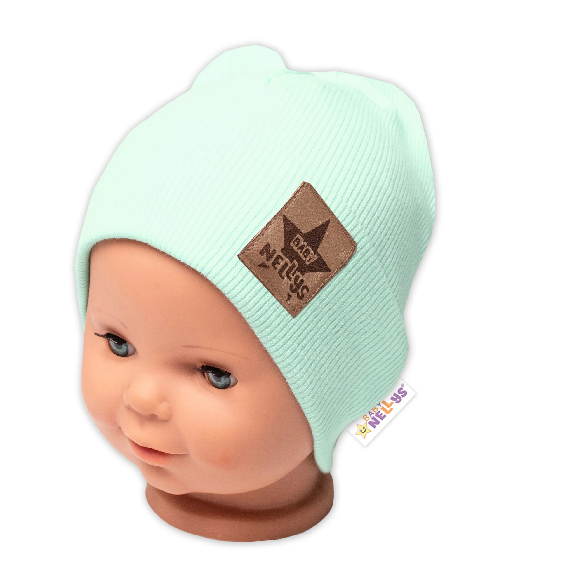 Baby Nellys Rebrovaná dvojvrstvová čiapka s lemom - mätová, veľ. 80/86 