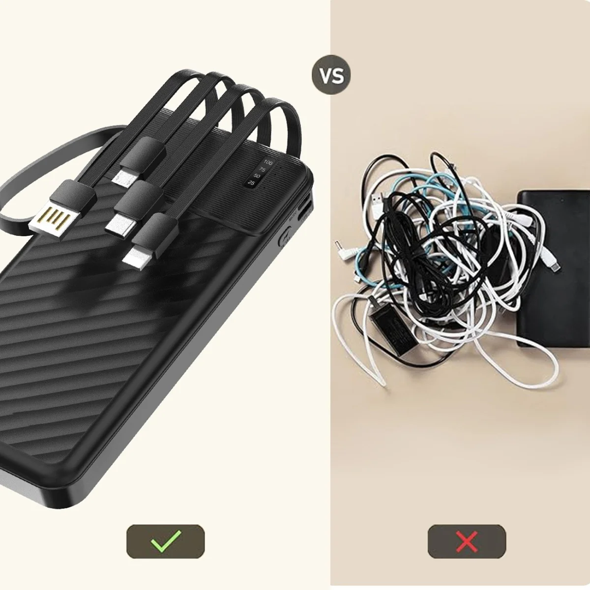 MG W11-B Power Bank so vstavanými káblami a baterkou 10000mAh 10W, čierny