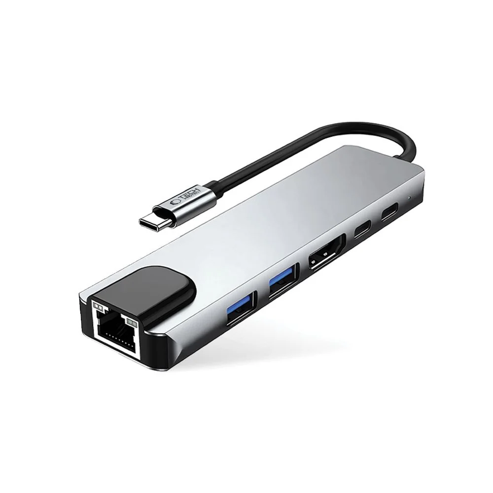 Tech-Protect HB02 HUB adaptér USB-C - 2x USB / HDMI 4K / RJ45 / USB-C 100W, šedý 100W, šedý