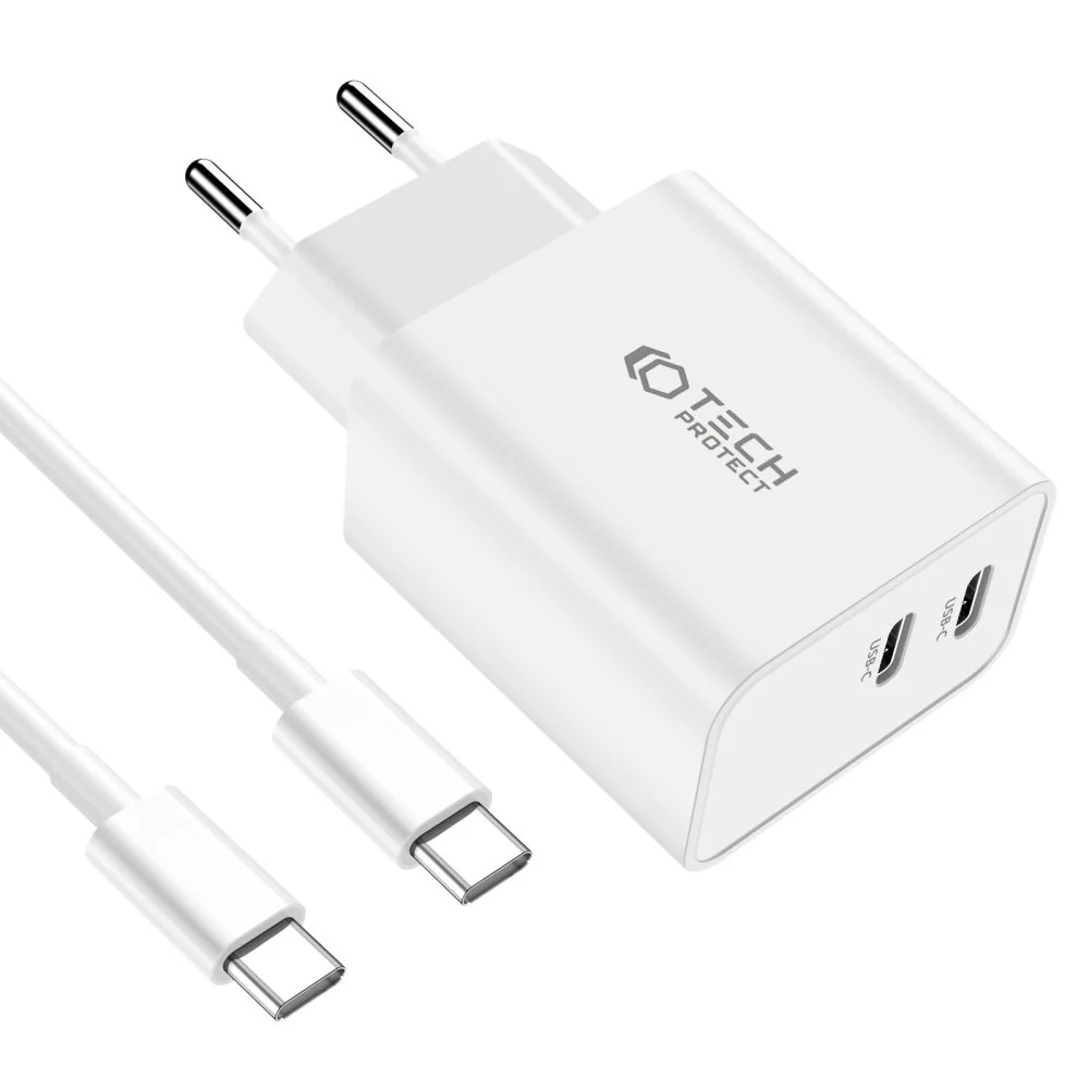Tech-Protect C35W sieťová nabíjačka 2x USB-C 35W + kábel USB-C, biela
