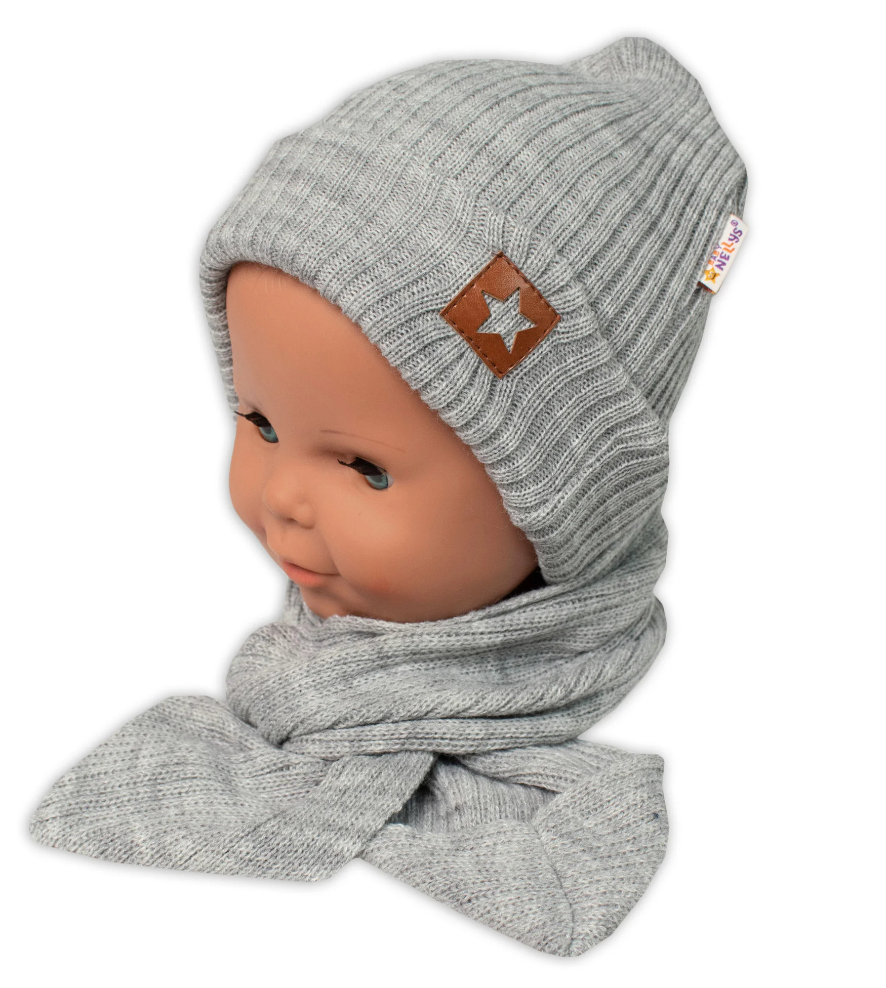 Baby Nellys Pletená čiapka so šálom a rukavičky 3v1, STAR - šedá