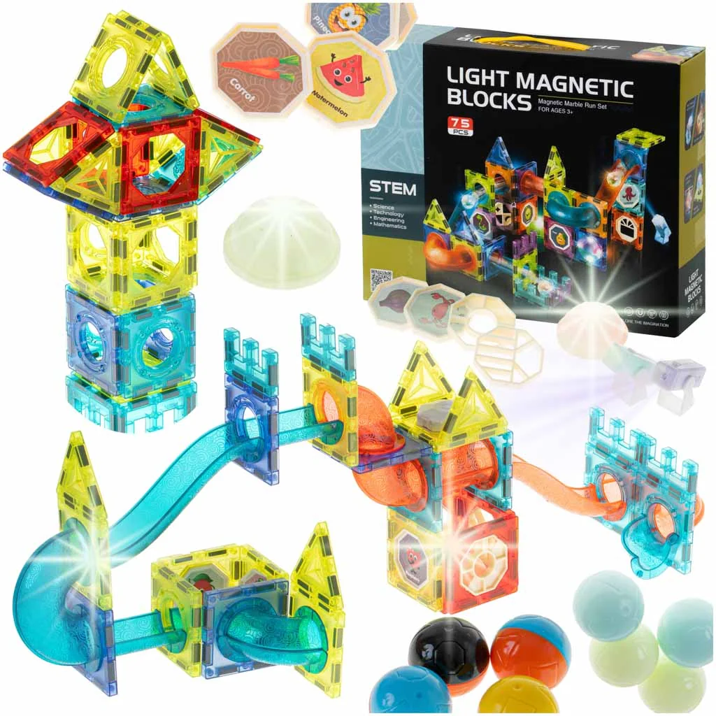 Magnetické kocky – svietiaca guľôčková dráha, 75 dielov