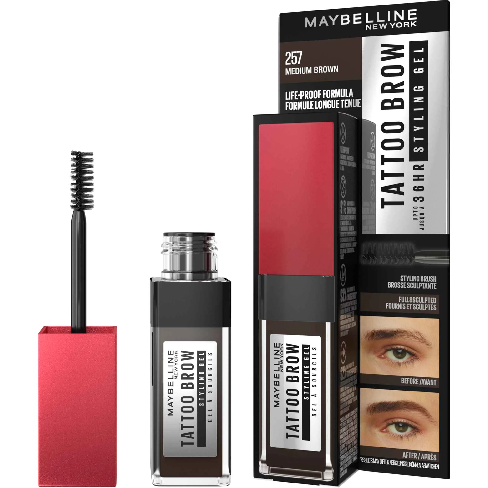 Maybelline New York Tattoo Brow 36H Styling Gel 257 Medium Brown dlhotrvajúci gél na obočie, 6 ml 1×6 ml, gél na obočie