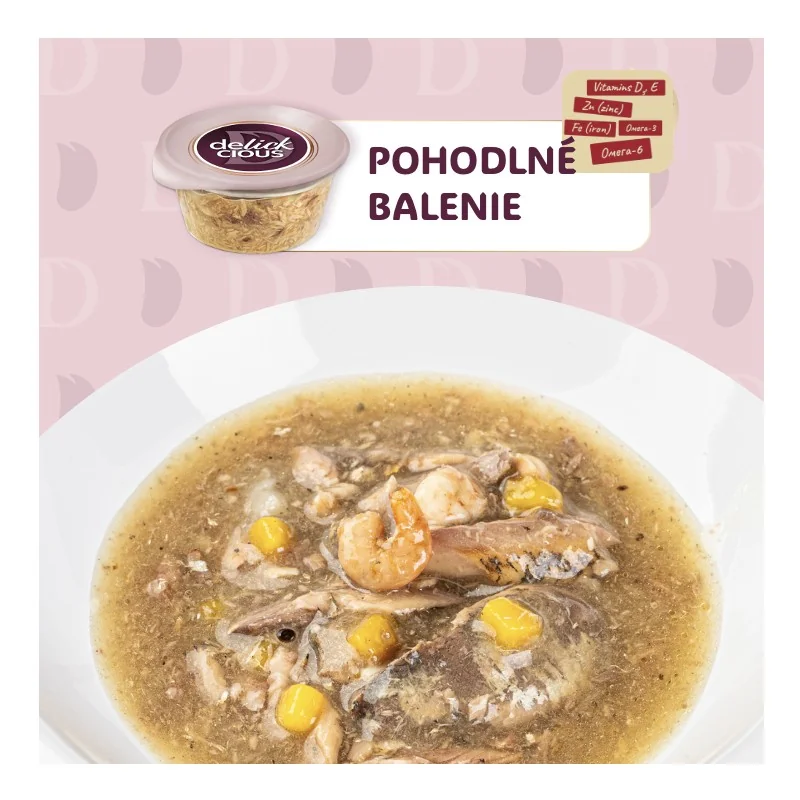 DELICKCIOUS™ slepačia polievka s paradajkami ochutená špenátom. Pre dospelé mačky 80 g (1551)