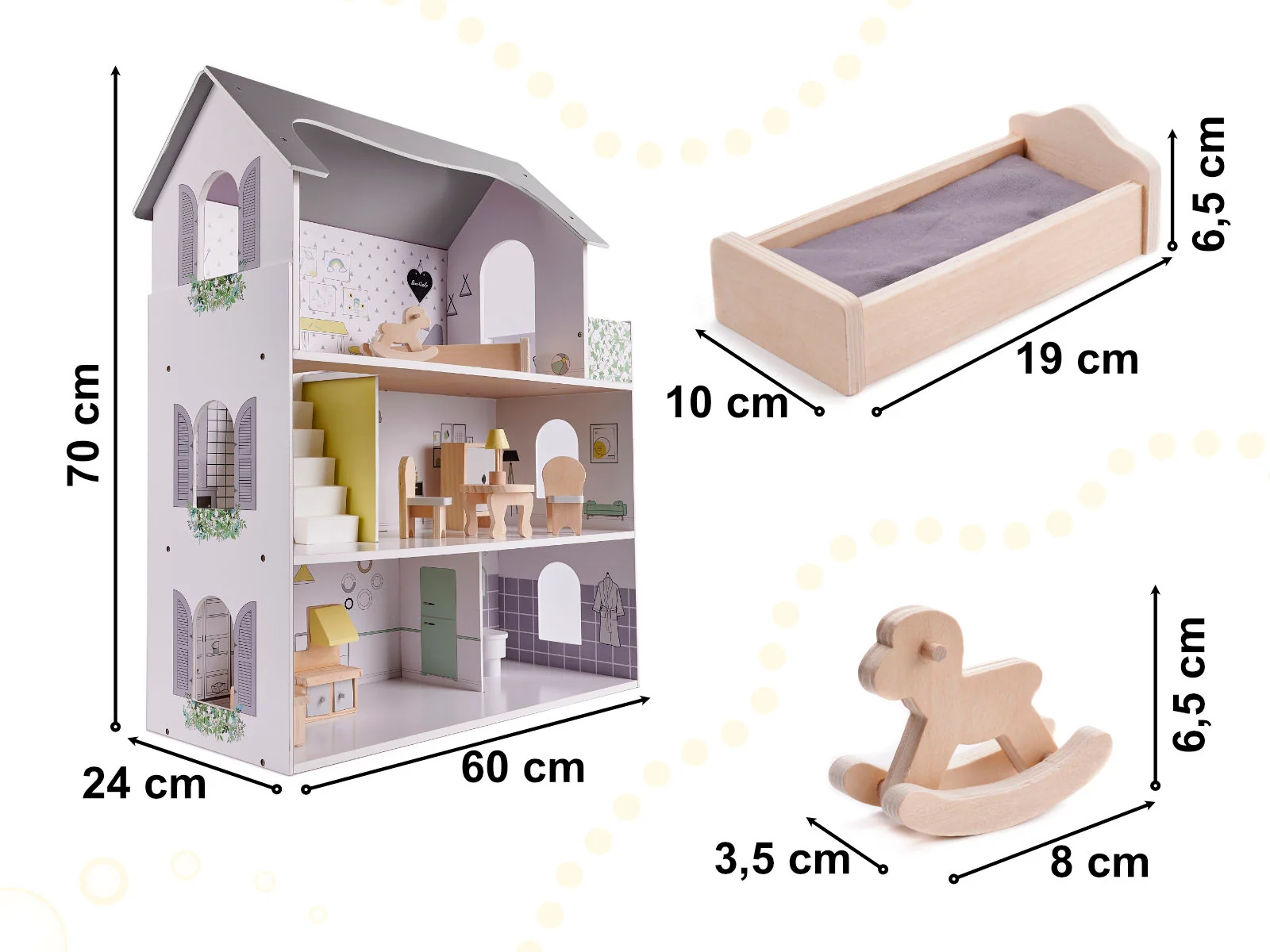 Drevený domček pre bábiky 70 cm – 3 poschodia + nábytok, sivý