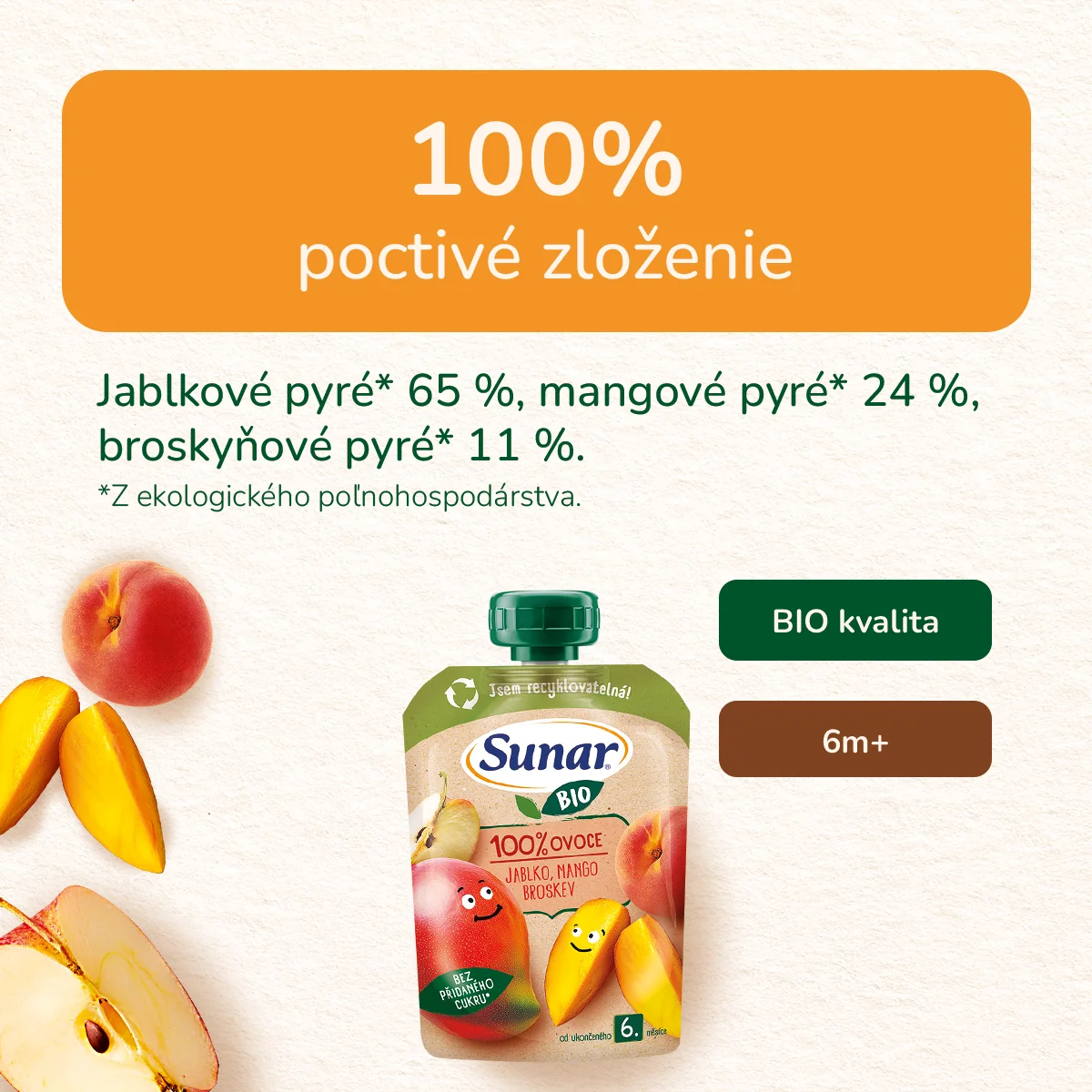 Sunar BIO ovocná kapsička Jablko, mango, broskyňa, 6m+ 100 g