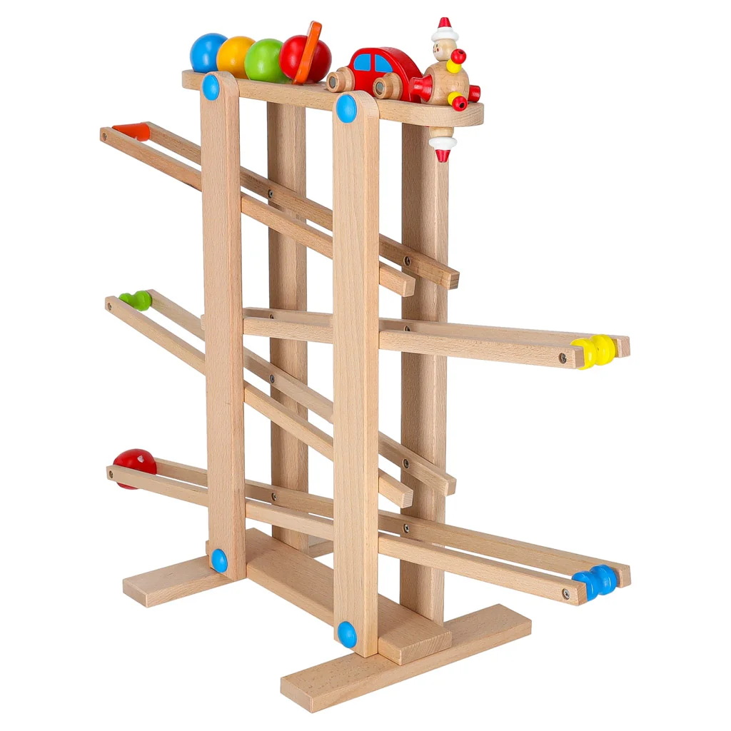 Drevená guľôčková dráha Montessori XXL – loptičky a autíčko