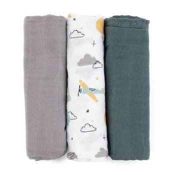 PETITE&MARS Sada plienok bambusová mušelínová 3ks Moussy Grey Planes, 68 x 68 cm 1×3 ks, sada plienok