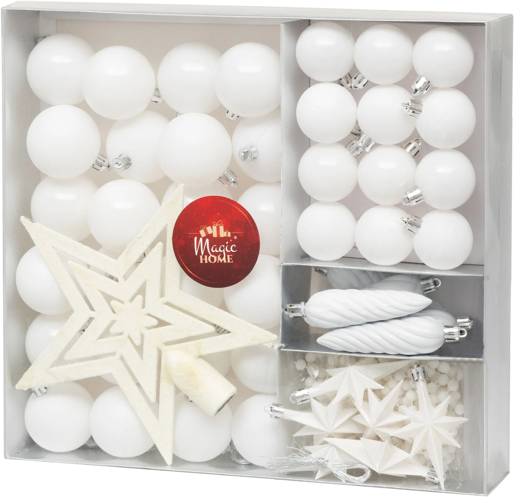 MagicHome sada vianočných gúľ a ozdôb, 50 ks 4-5 cm, biele, hviezda, girlanda, šiška, na vianočný stromček