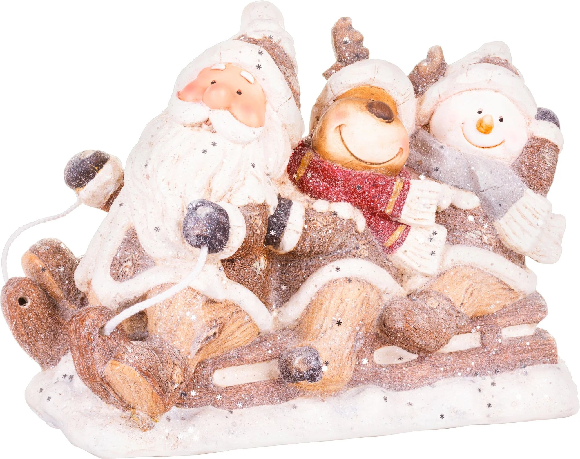 MagicHome vianočná dekorácia Santa, sob a snehuliak na saniach, 1 ks Keramika, 45x23x34,50 cm