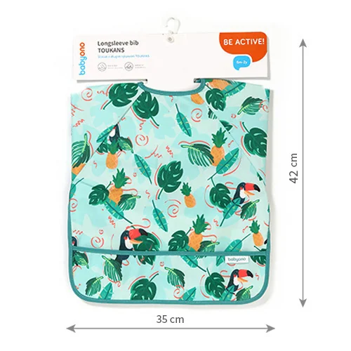 BABYONO Podbradník s dlhým rukávom Toukans, 35 x 52cm, 6m+ 1×1 ks, podbradník s dlhým rukávom