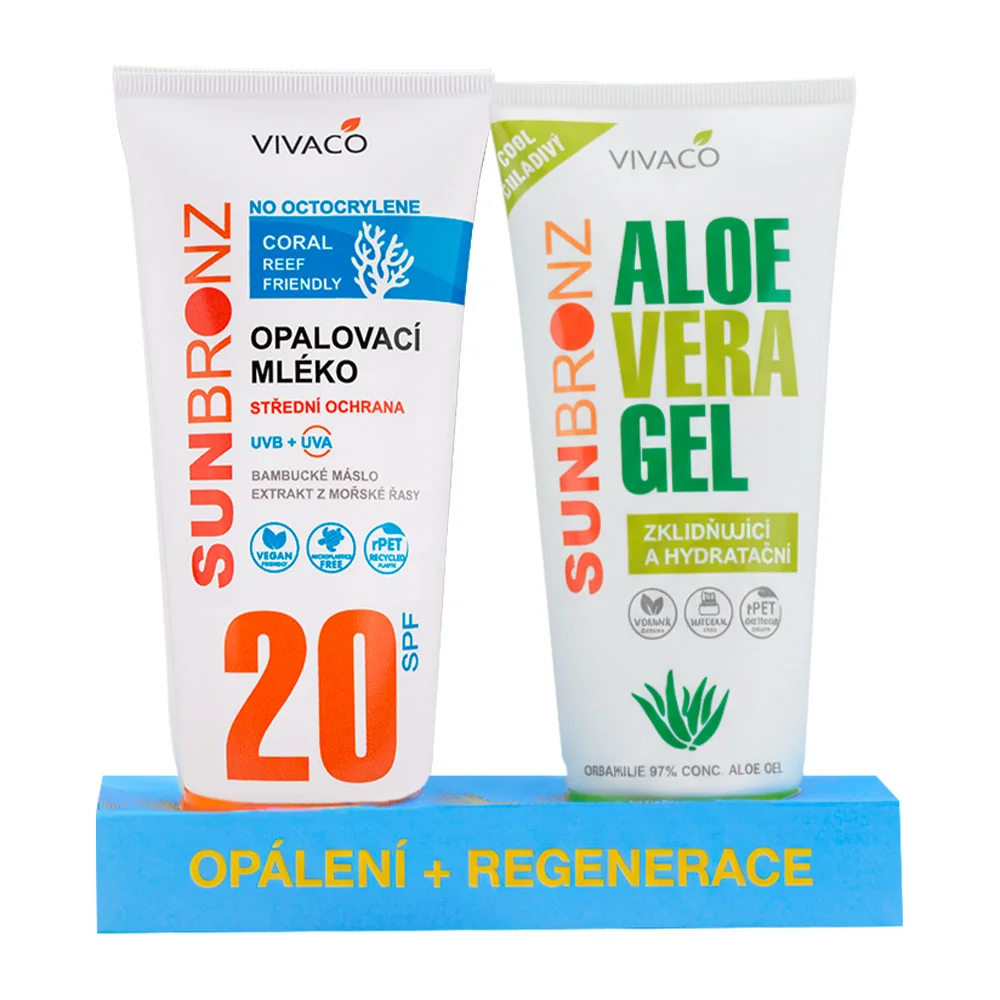 VIVACO DUOPACK Opaľovacie MLIEKO SPF20 bez octocrylenu CORAL FRIENDLY + Aloe vera gél ZADARMO 2×200 ml
