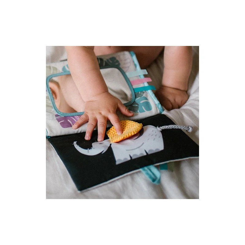 BABYONO - Knižka senzorická so zrkadielkom látková - Safari 0m+