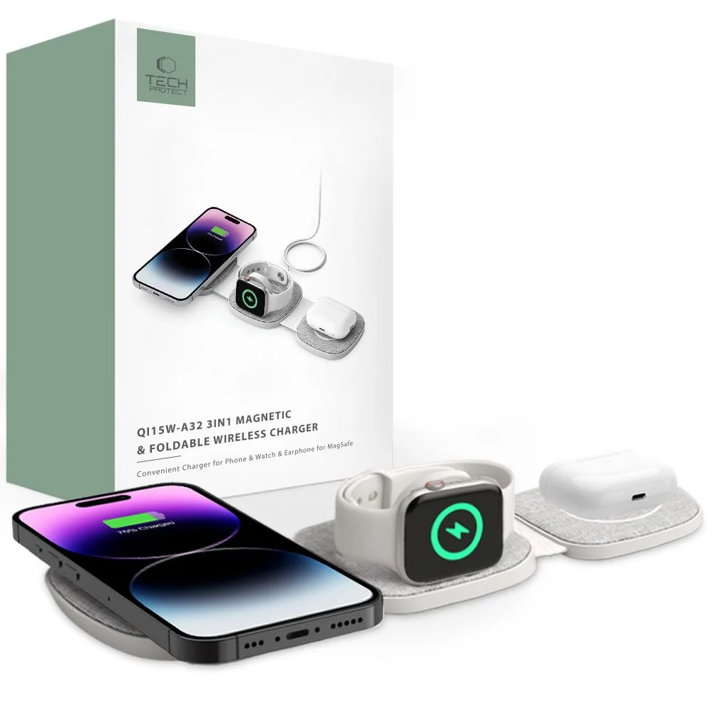 Tech-Protect A31 3in1 MagSafe bezdrôtová nabíjačka na mobil / AirPods / Apple Watch, biela / Apple Watch, biela
