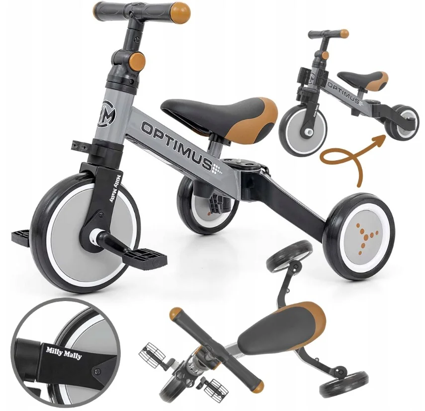 Balančná trojkolka, bicykel, odrážadlo Milly Mally, Optimus 3 v 1, sivá