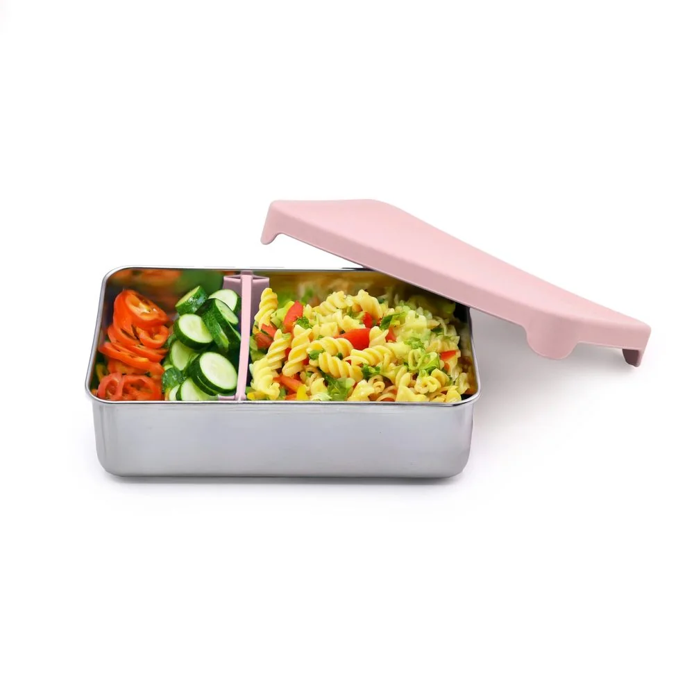 Nerezový bento box 740 ml so silikónovým vekom ružový, s prepážkou