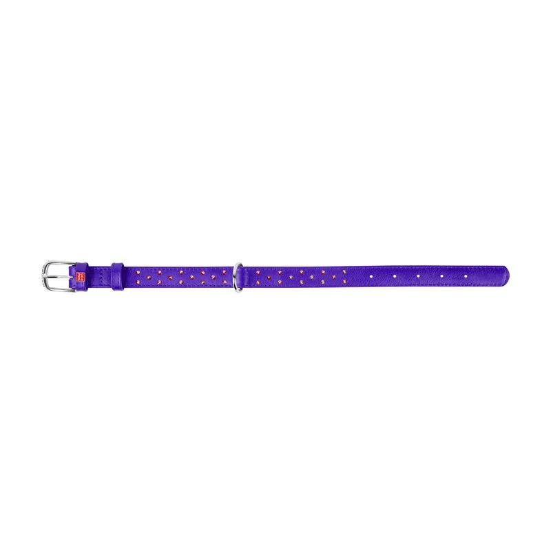 Plochý kožený obojok fialovej farby s kryštálmi, Obvod krku: 30-39 cm, širka: 20 mm
