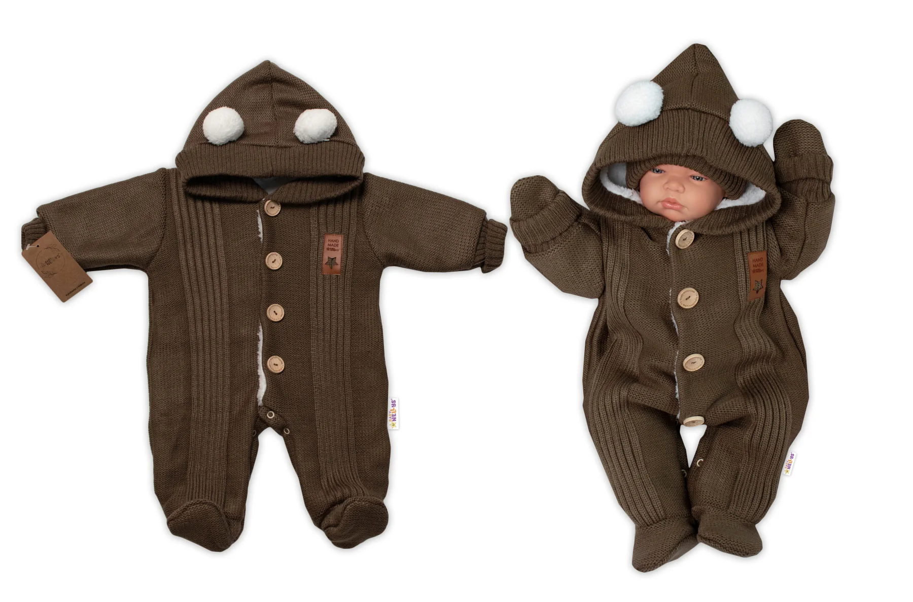 Baby Nellys Pletená kombinéza/overal LUX STAR s kožúškom - dvojvrstvová, hnědá, veľ. 68 