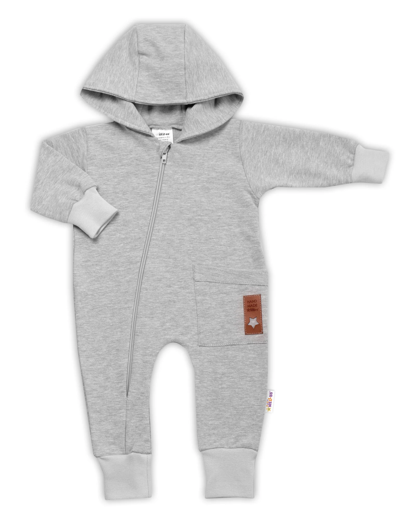 Teplákový overal s vreckom a kapucňou BOY, Baby Nellys, sivý, veľ. 74