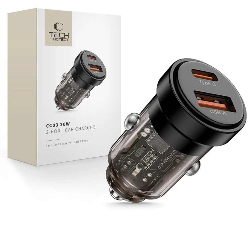 Tech-Protect CC03 autonabíjačka USB / USB-C 30W PD QC, čierna