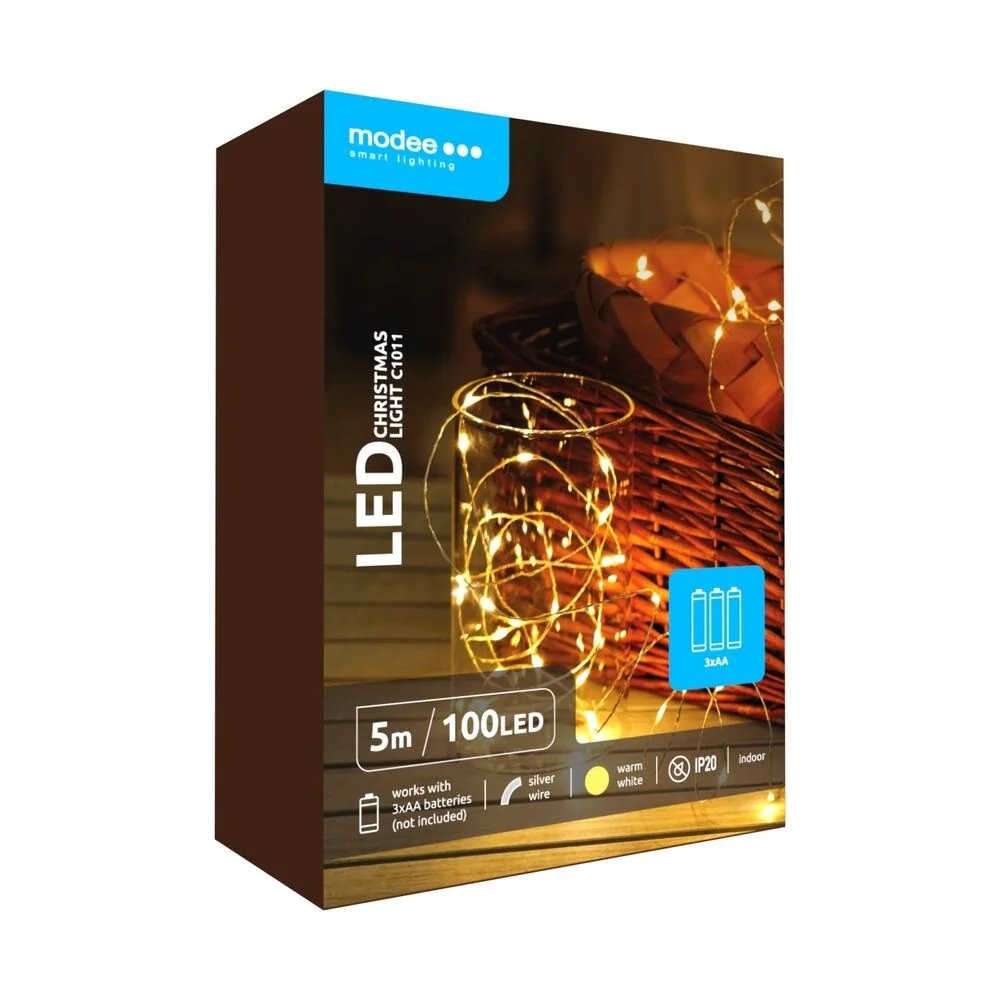 Modee Lighting LED vianočná reťaz 100 LED 5m 3xAA teplá biela