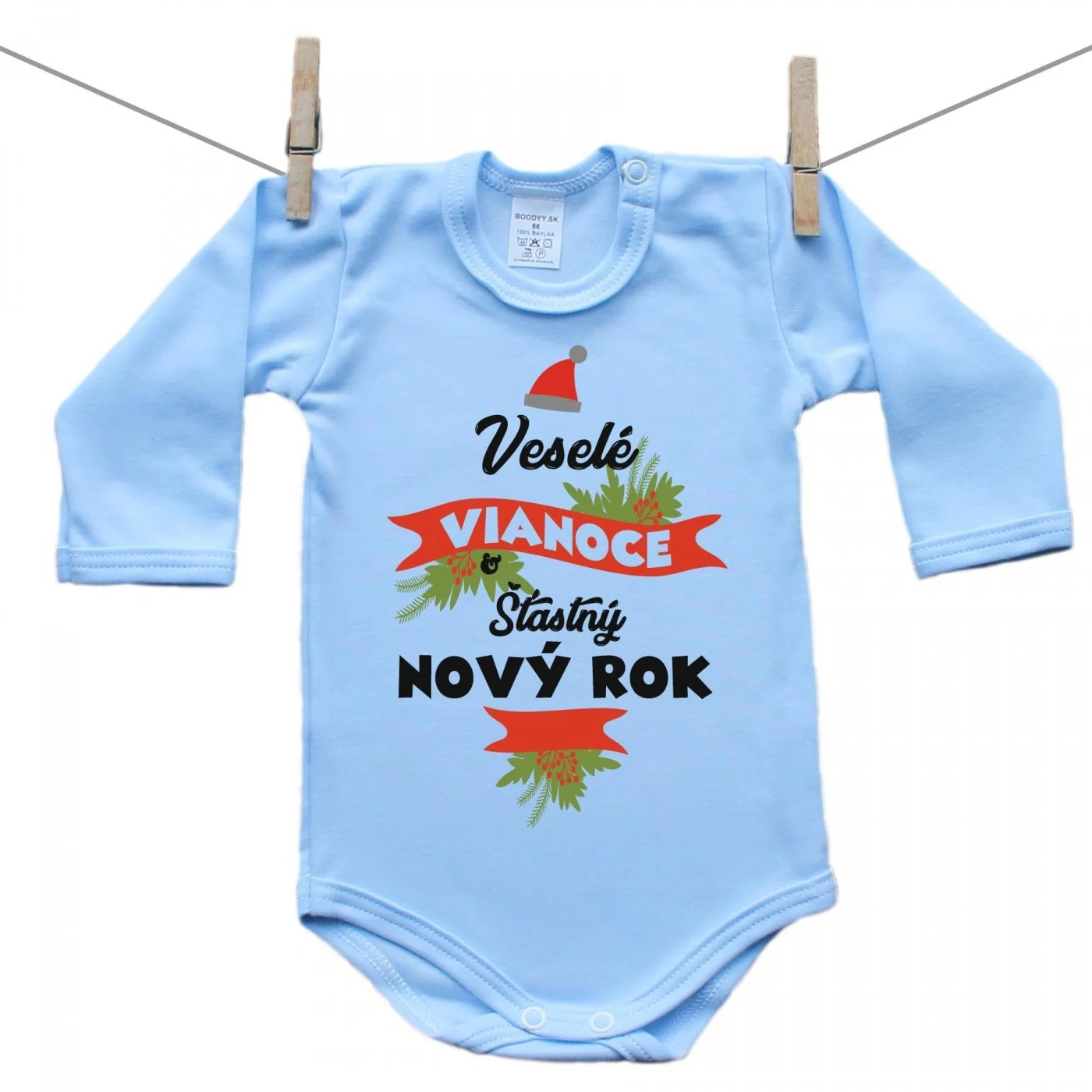 Boodyy Modré body s dlhým rukávom Veselé Vianoce a šťastný nový rok Veľkosť: 68