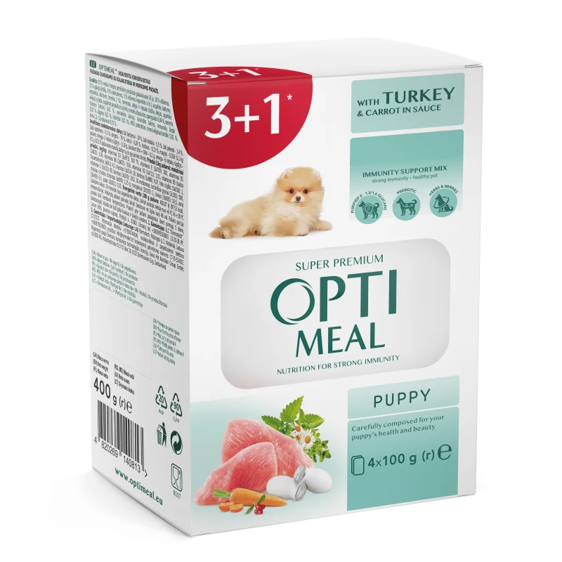 OPTIMEAL™ Superpremium. SEN 3+1 Pre šteňatá s morčacím mäsom a mrkvou v omáčke 4 x 100 g (0813)