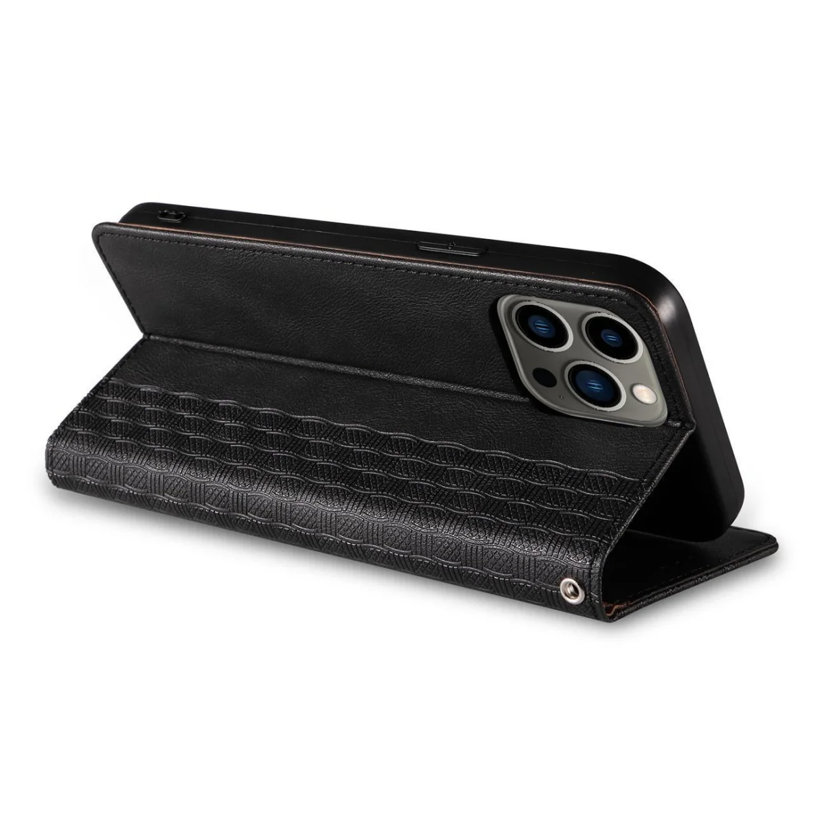 MG Magnet Strap knižkové kožené puzdro na iPhone 13 Pro Max, čierne