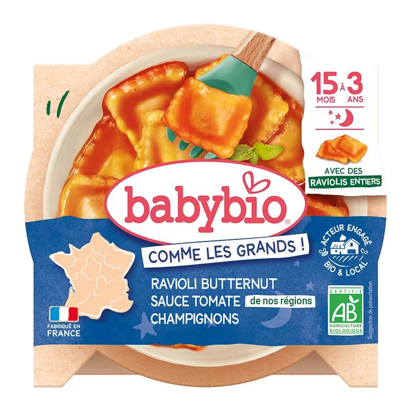 BABYBIO celé ravioli s tekvicovou plnkou, paradajkovým pyré a šampiňónmi 190 g