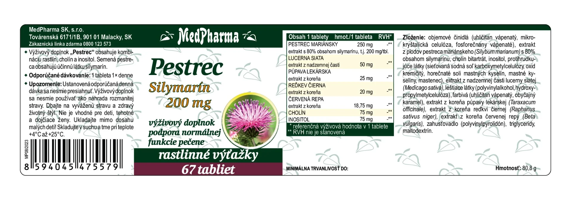 MedPharma Pestrec Silymarín 200 mg 1×67 tbl, výživový doplnok