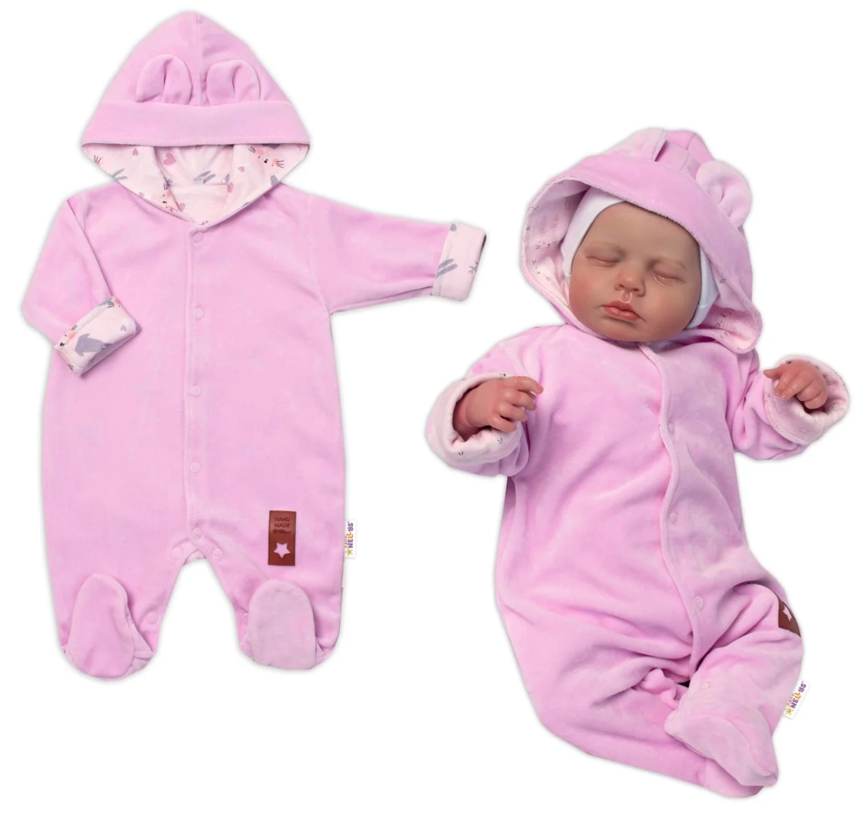 Baby Nellys Dvojvrstvový velúrový overal s kapucňou Bunny, ružový, veľ. 74