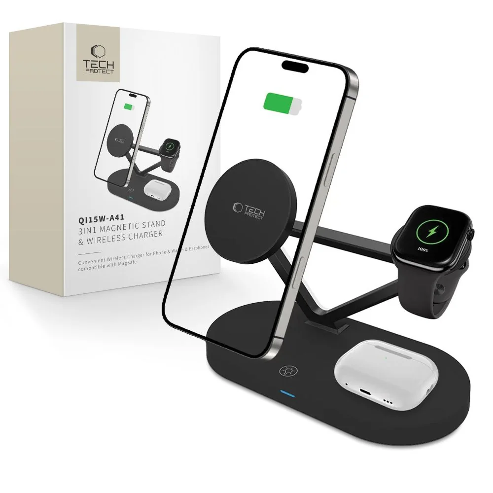 Tech-Protect A41 3in1 nabíjačka na mobil / Apple Watch / AirPods 15W, čierna čierna