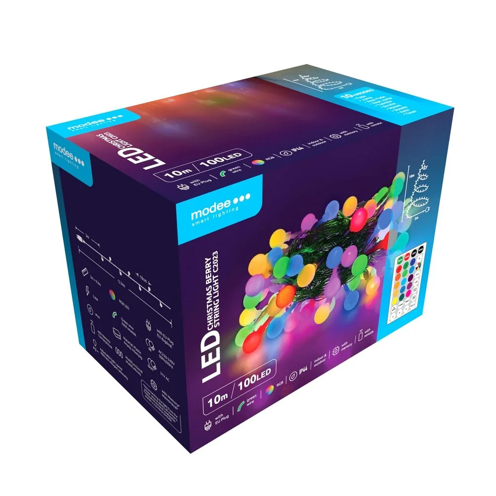 Modee Lighting LED vianočná reťaz 100 LED 10m multicolor bobule + diaľkové