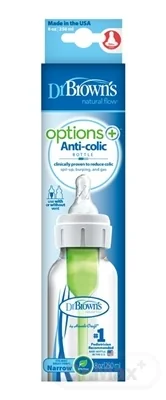 Dr.BROWN´S DOJČENSKÁ FĽAŠA OPTIONS+ 250 ml 1×1 ks, narrow, 0M+, anti-colic, plastová, biela