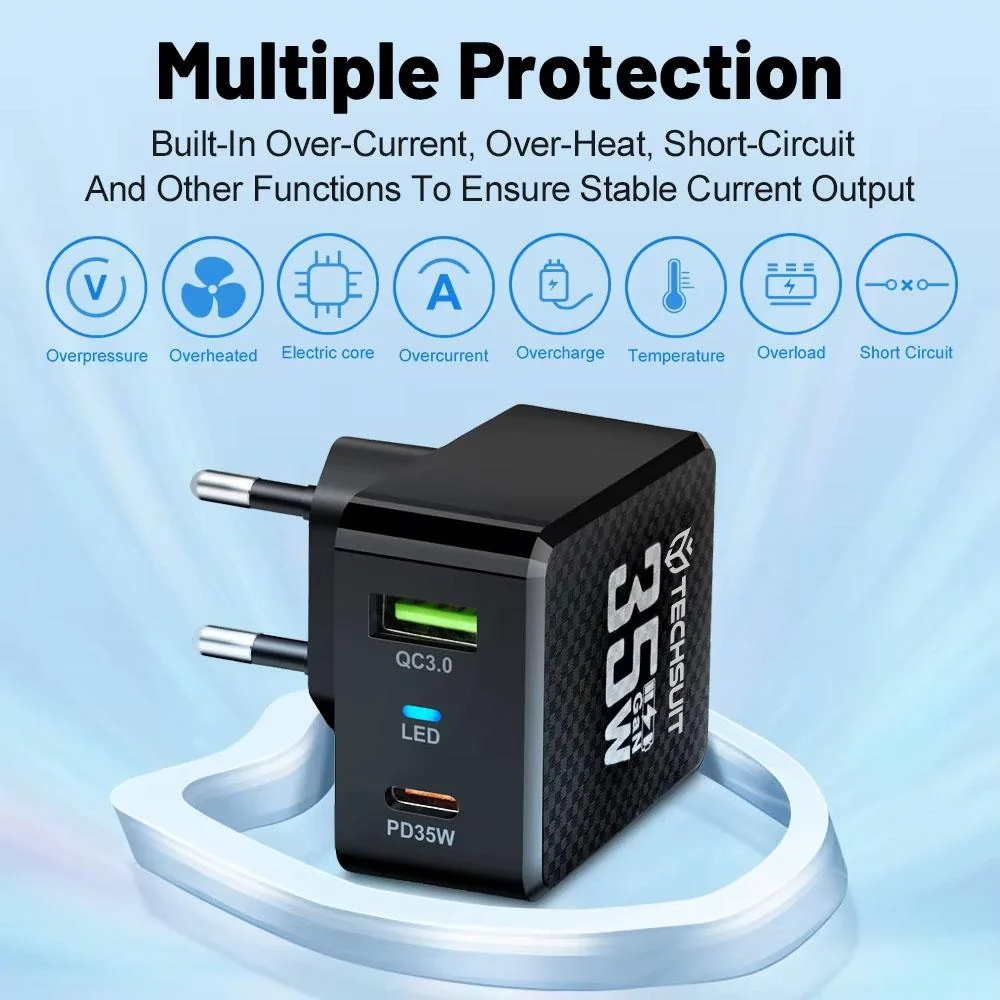 Sieťová Nabíjačka GaN, USB, Type-C, Rýchle Nabíjanie 1 x 1.75A, 1 x 18W, 48 x 42 x 60 mm