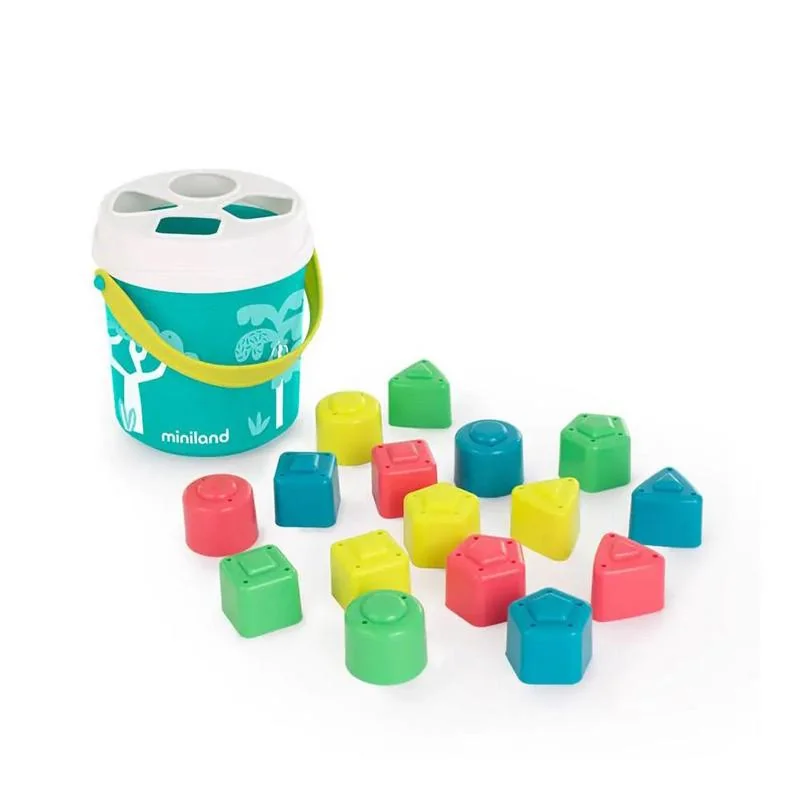 Miniland Vedierko s blokmi na triedenie tvarov, tyrkysové, 16 ks