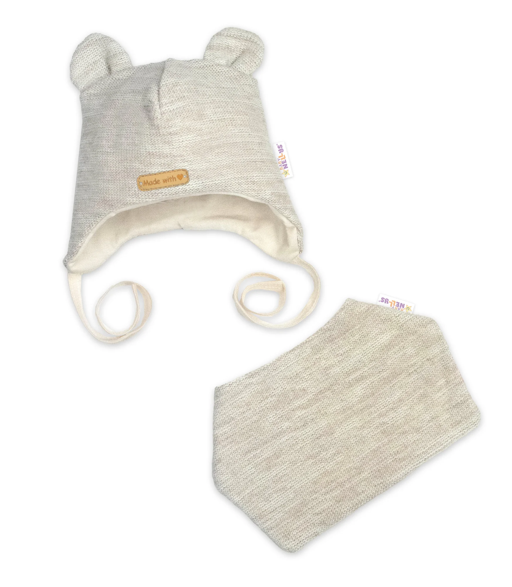 Pletená čiapka s bavlnenou podšívkou a šatkou 2v1, Teddy Hand made - svetlo béžová