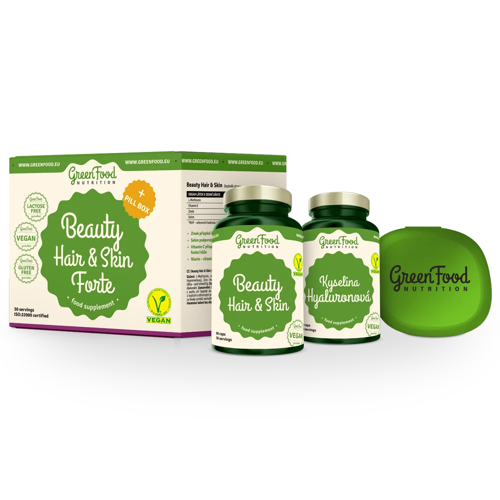 GreenFood Nutrition BEAUTY HAIR&SKIN Forte+Pillbox 1×1 set, výživový doplnok