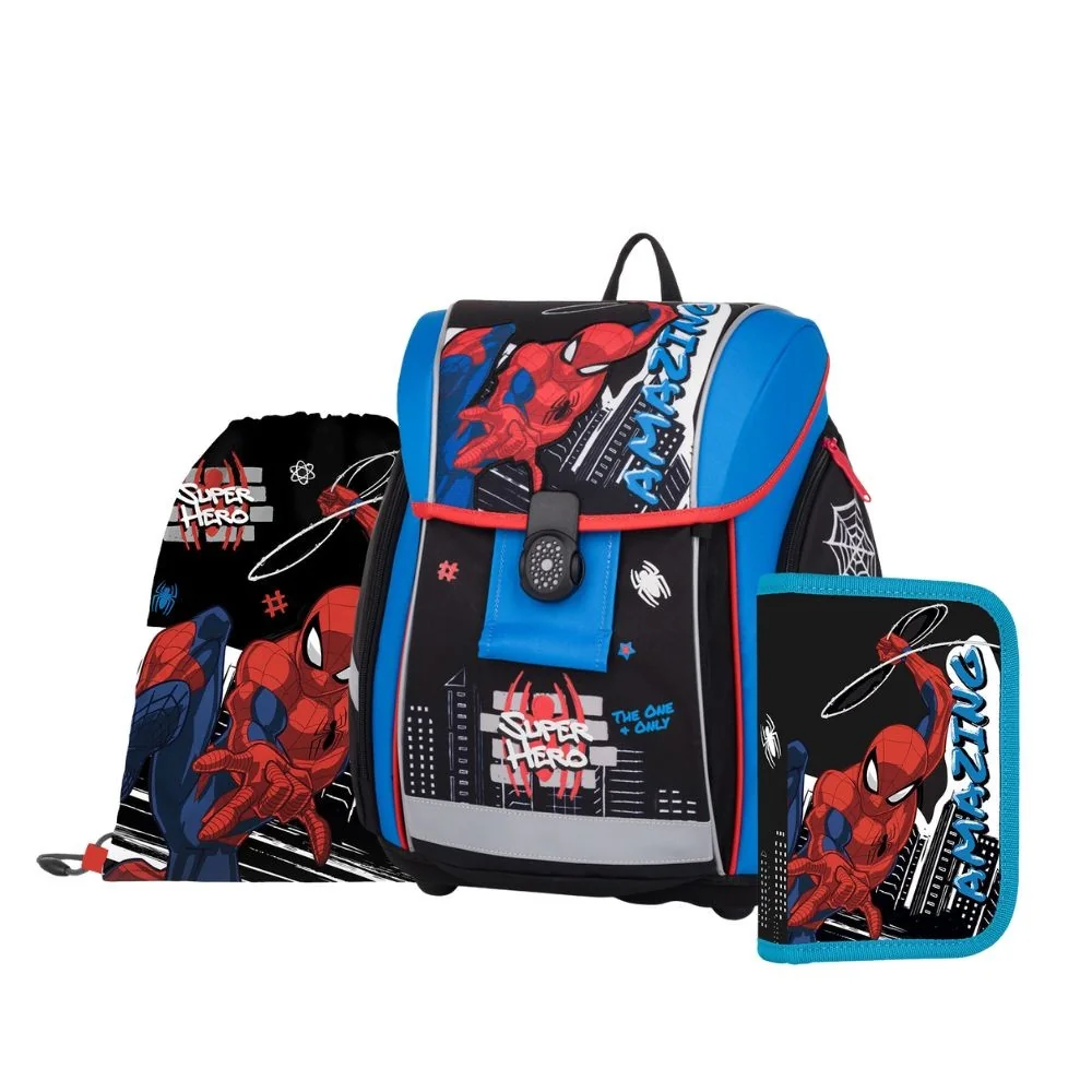 Školský set Spiderman Premium Light, aktovka a prísl. 3-dielny set, modrý