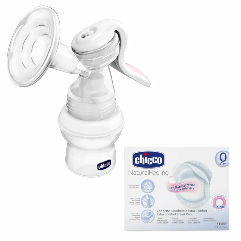 Chicco NaturalFeeling manuálna odsávačka mlieka + prsné vložky 60 ks