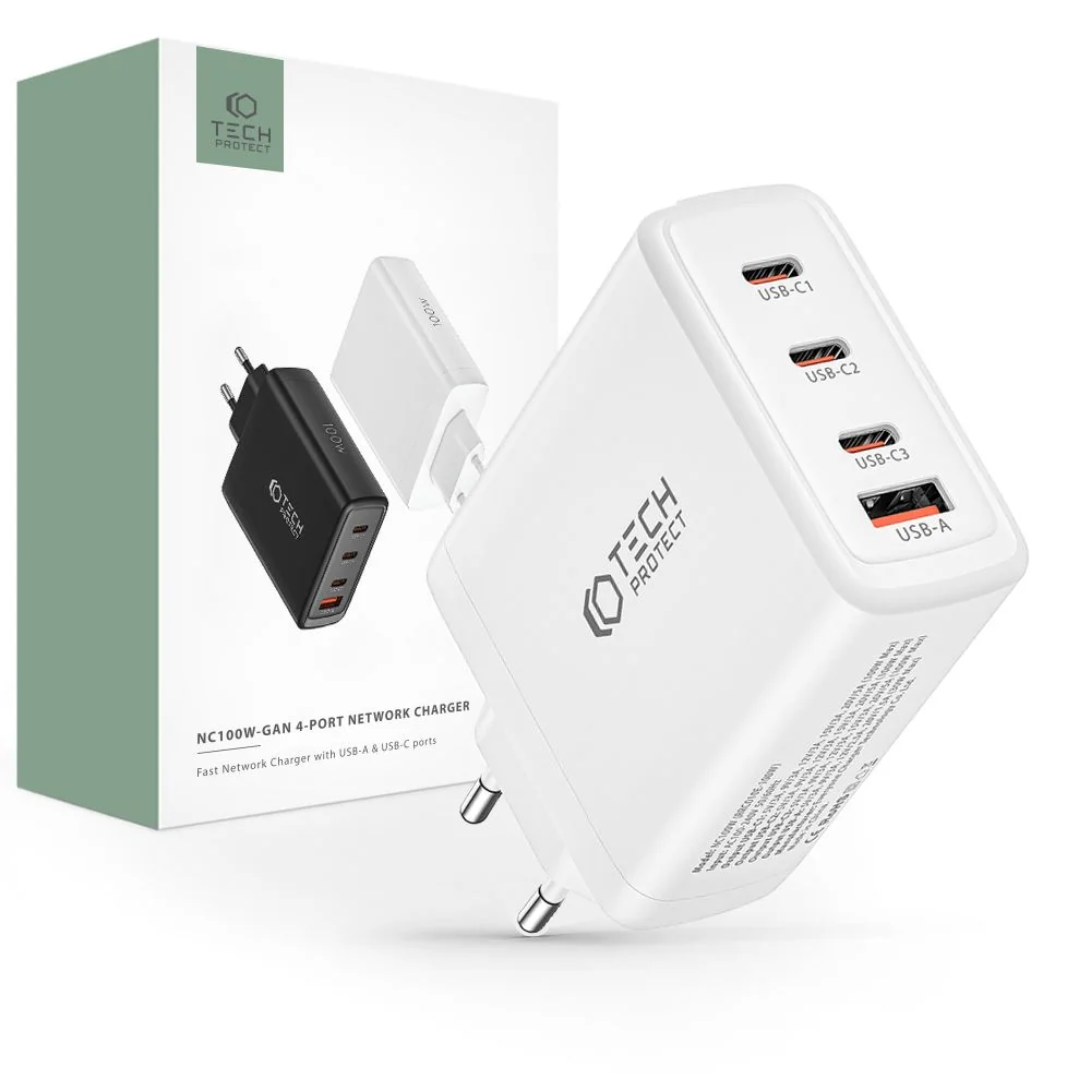 Tech-Protect GaN sieťová nabíjačka USB / 3x USB-C 100W PD QC, biela