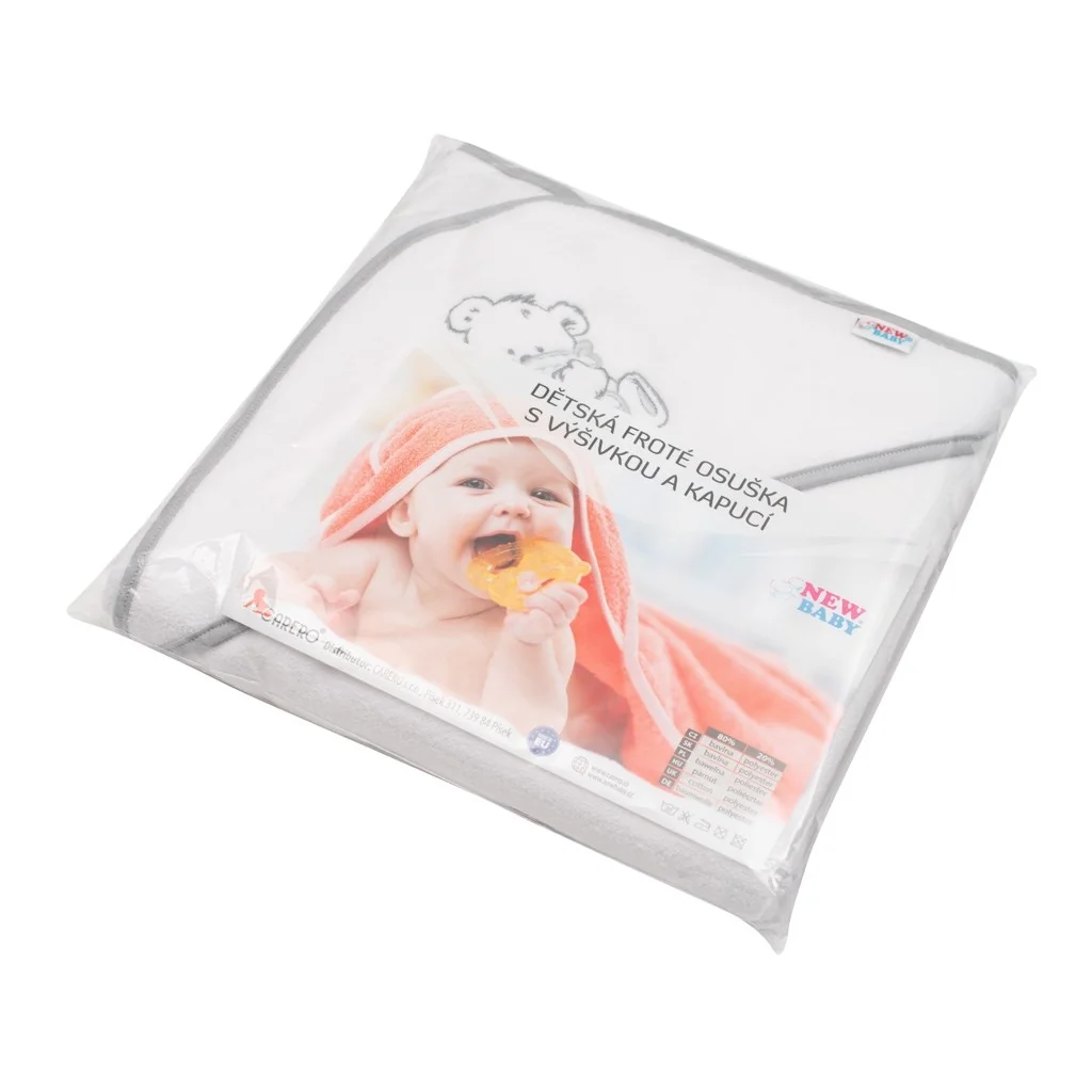 Detská froté osuška s výšivkou a kapuckou New Baby 80x80 biela 
