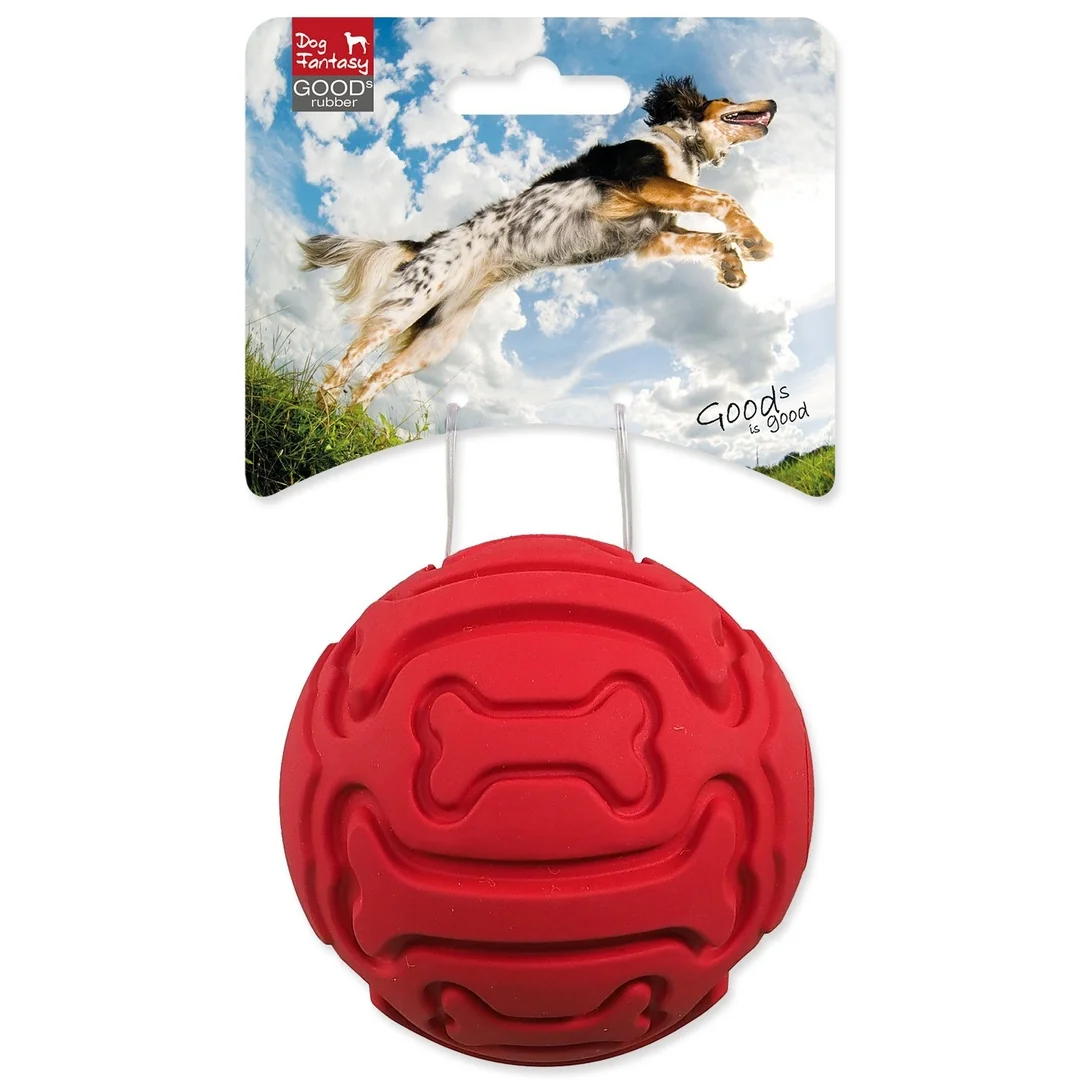 Lopta Dog Fantasy gumová, vzor kosť pískacia červená 9cm